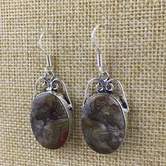 Crazy Lace Agate Stone Hook Dangle Earrings - Picture 4 of 10